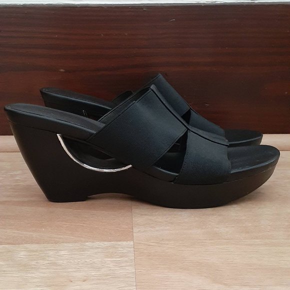 Laura Ashley La-ava Black Elastic Textile Slip On Open Round Toe Wedge - Picture 1 of 3
